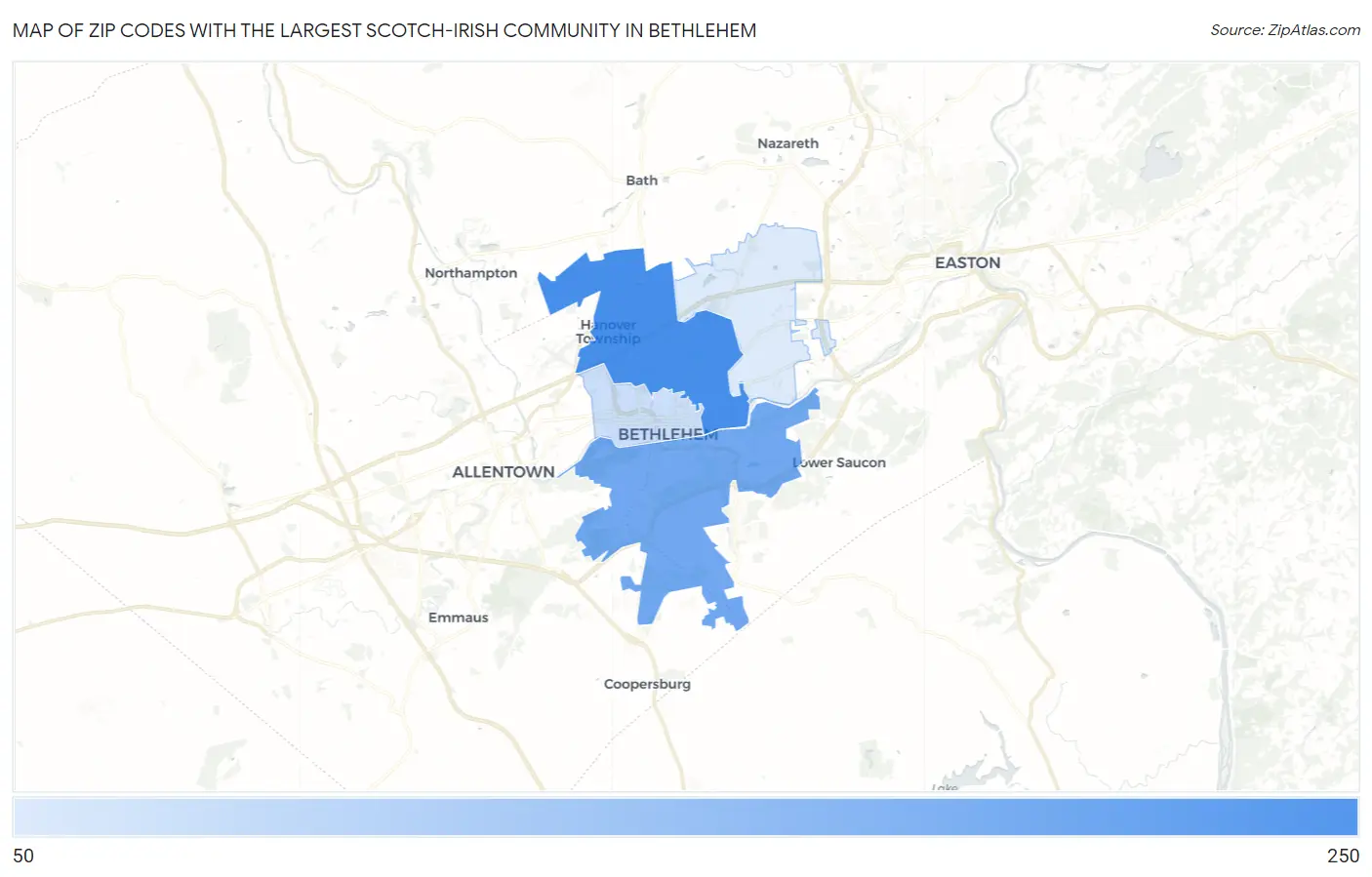 Zip Codes with the Largest Scotch-Irish Community in Bethlehem Map