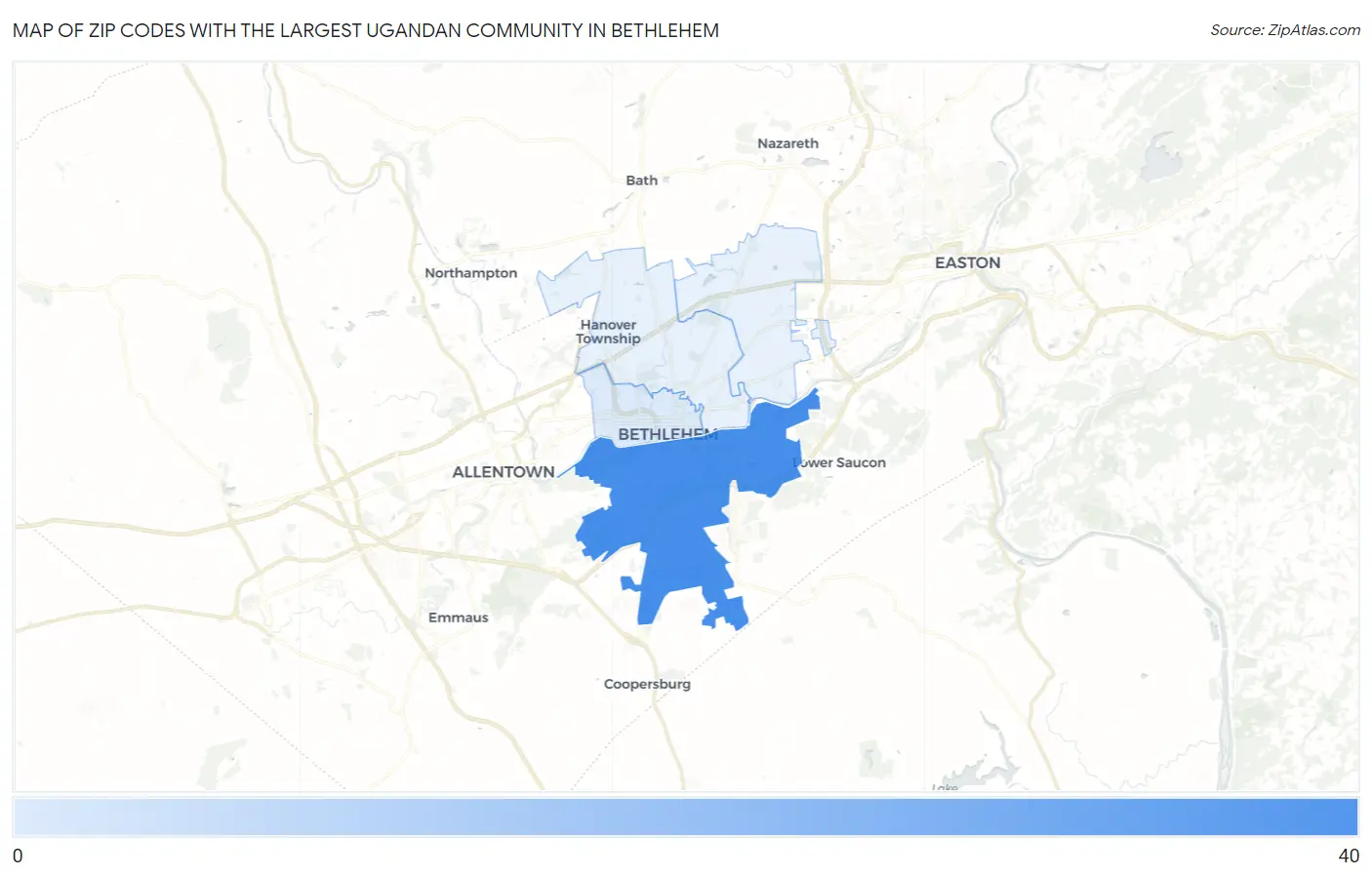 Zip Codes with the Largest Ugandan Community in Bethlehem Map