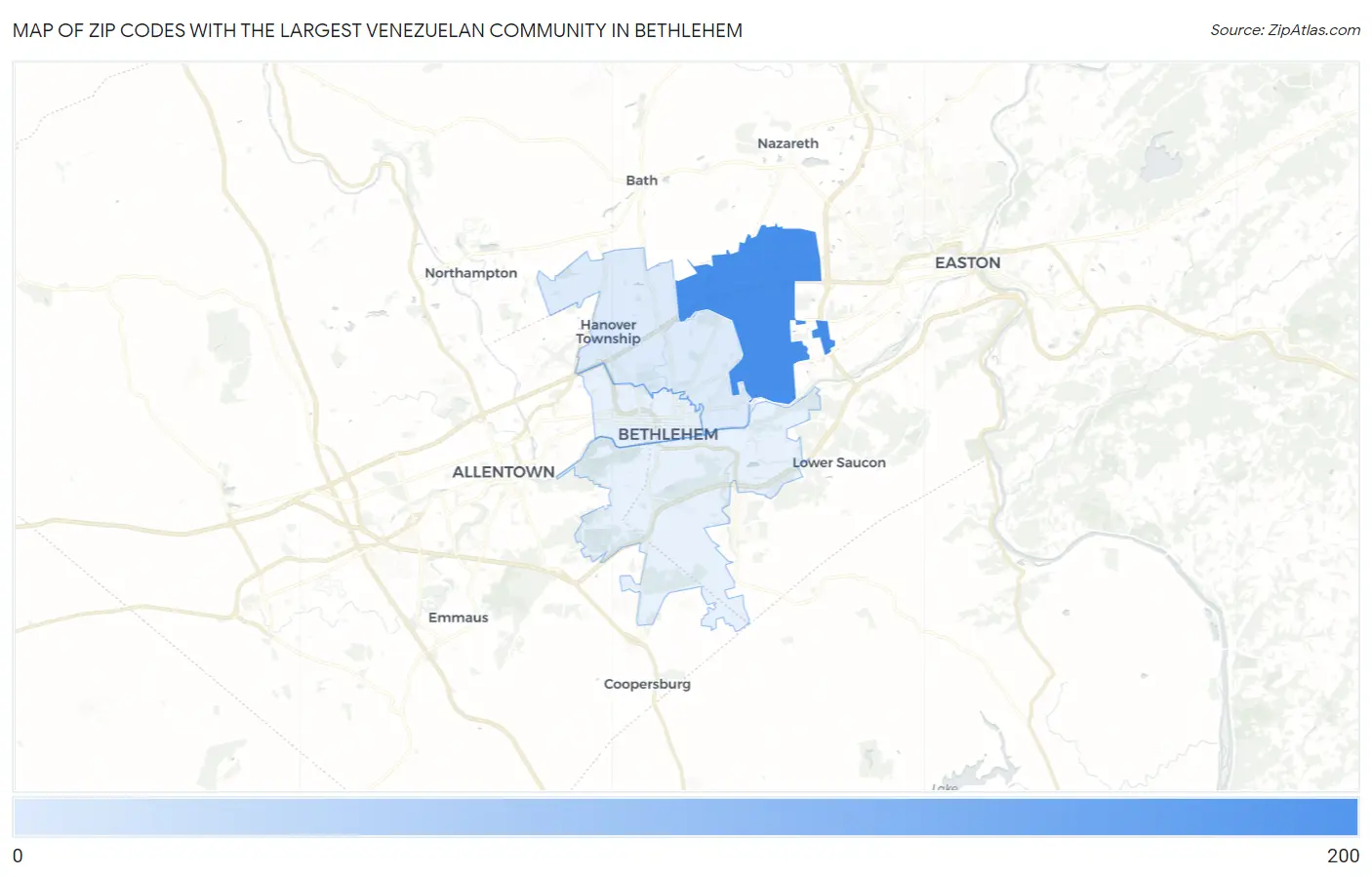 Zip Codes with the Largest Venezuelan Community in Bethlehem Map