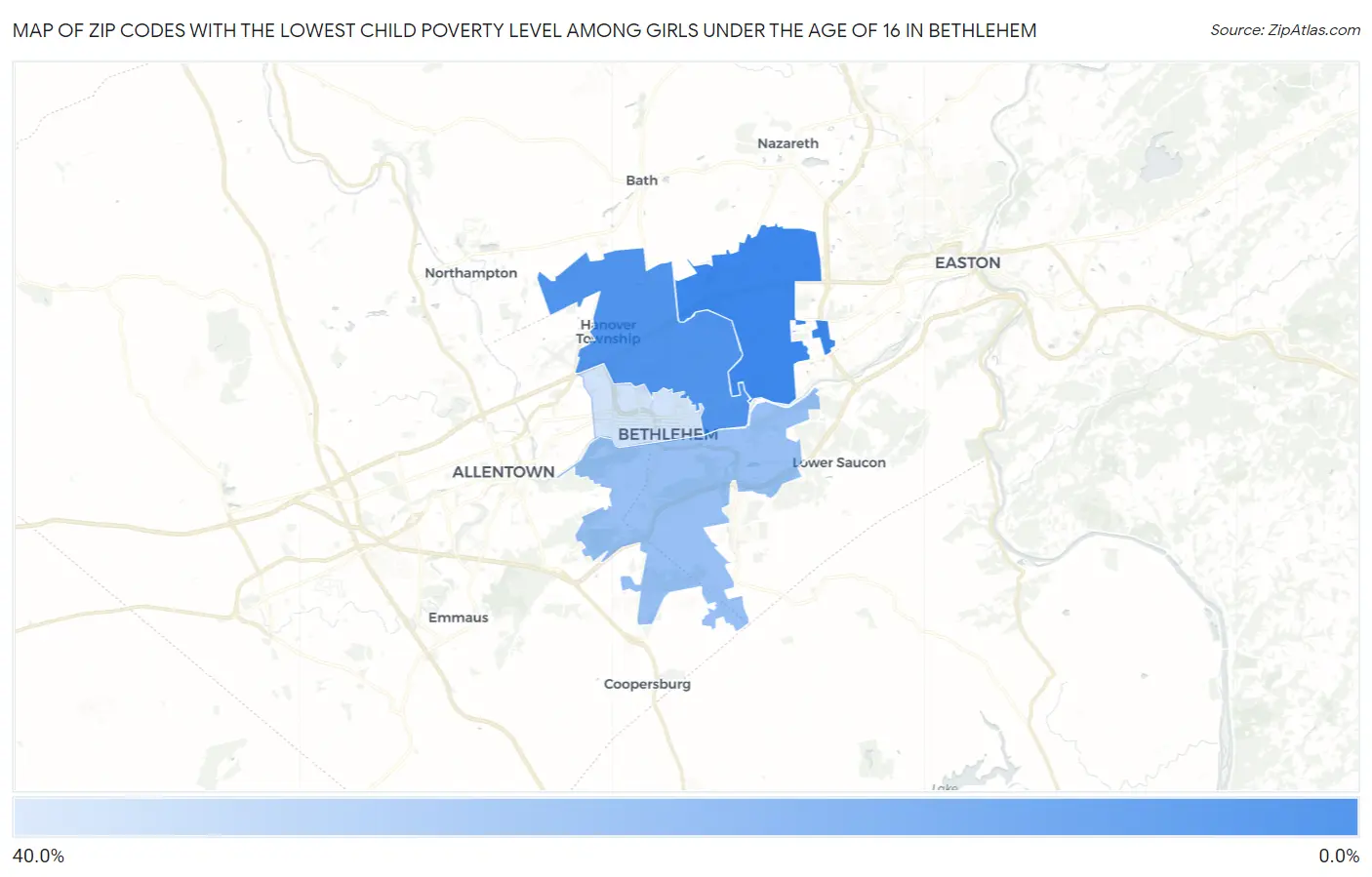 Zip Codes with the Lowest Child Poverty Level Among Girls Under the Age of 16 in Bethlehem Map