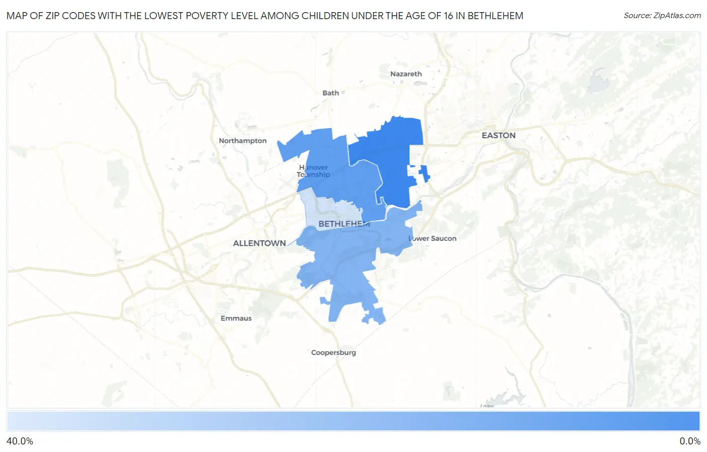 Zip Codes with the Lowest Poverty Level Among Children Under the Age of 16 in Bethlehem Map