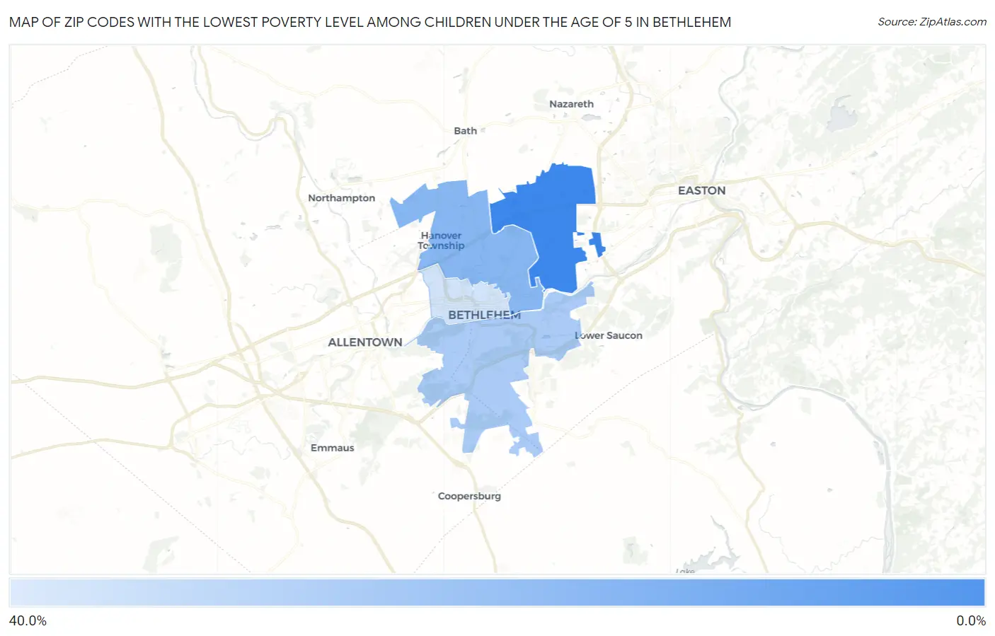 Zip Codes with the Lowest Poverty Level Among Children Under the Age of 5 in Bethlehem Map