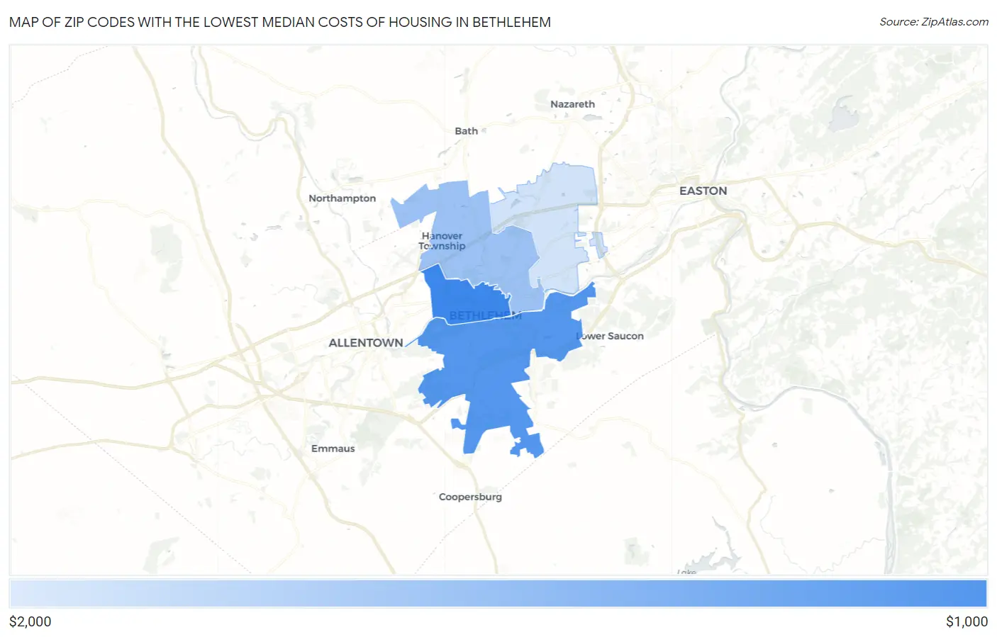 Zip Codes with the Lowest Median Costs of Housing in Bethlehem Map