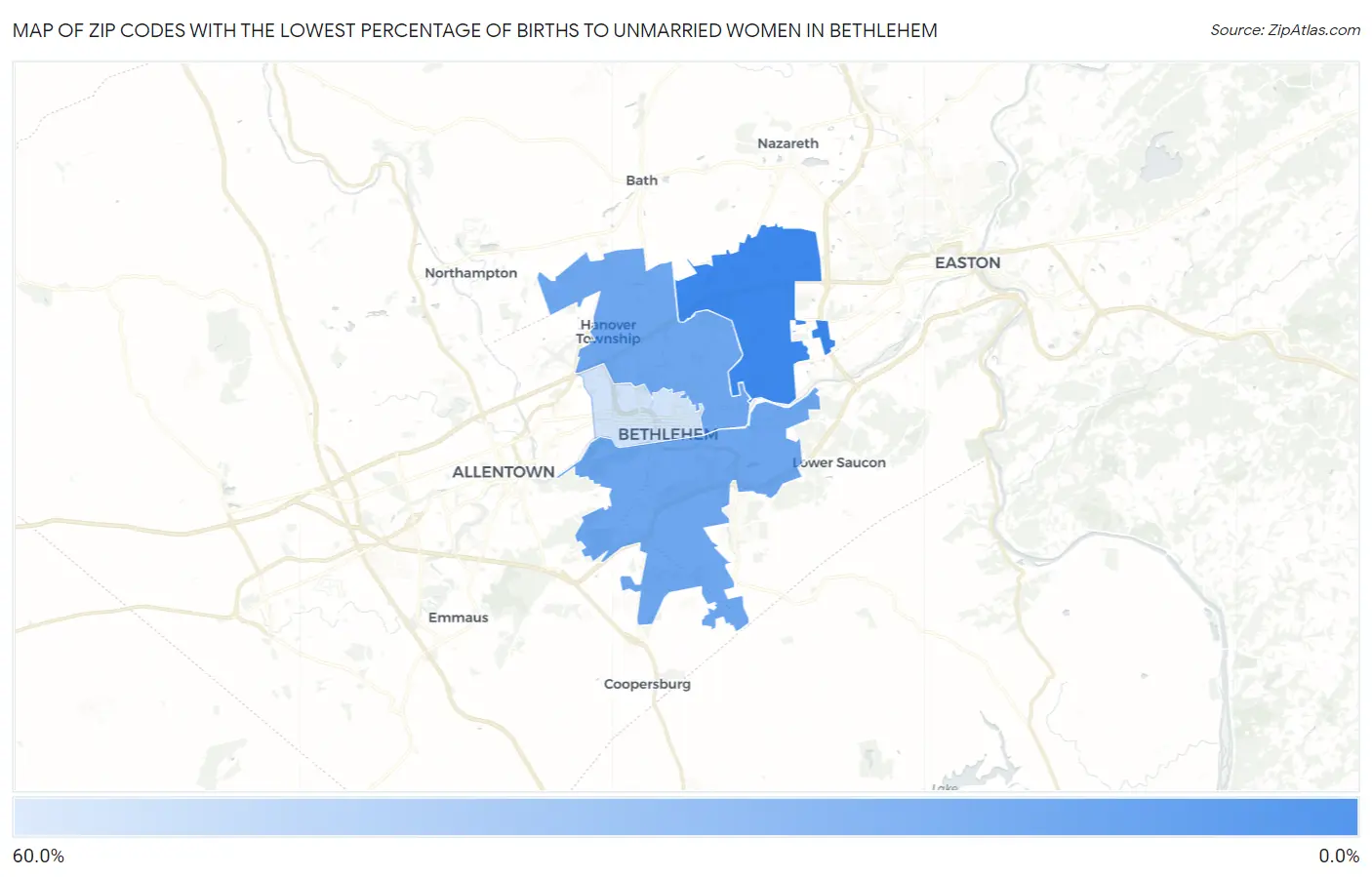 Zip Codes with the Lowest Percentage of Births to Unmarried Women in Bethlehem Map