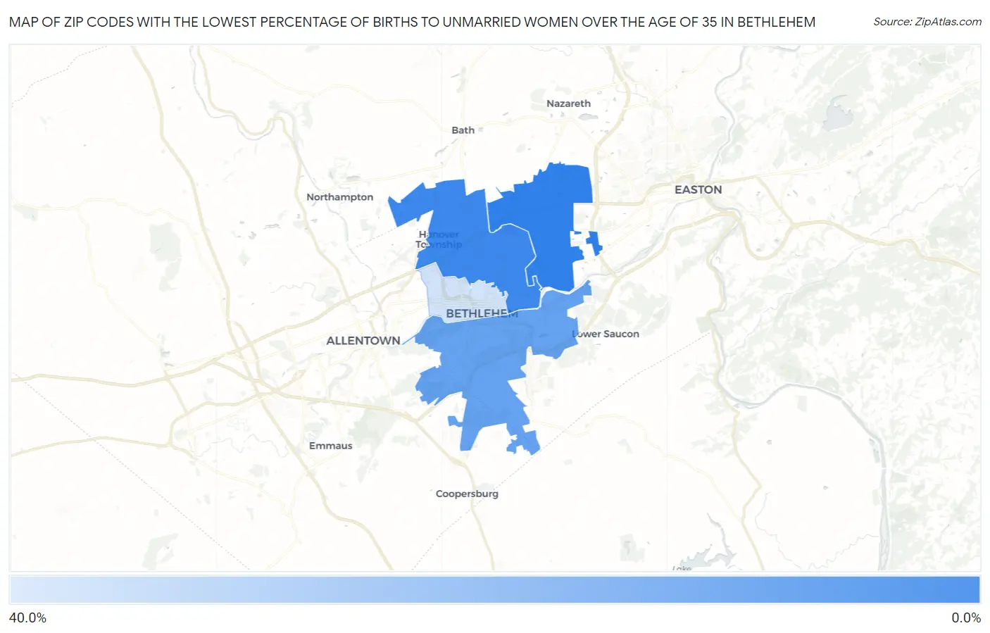 Zip Codes with the Lowest Percentage of Births to Unmarried Women over the Age of 35 in Bethlehem Map