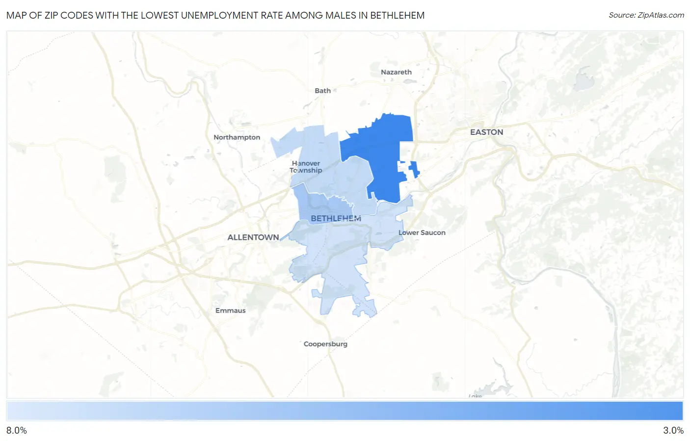 Zip Codes with the Lowest Unemployment Rate Among Males in Bethlehem Map