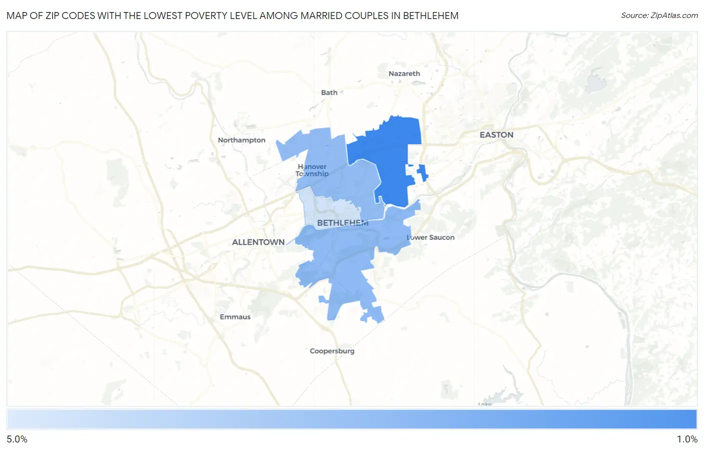 Zip Codes with the Lowest Poverty Level Among Married Couples in Bethlehem Map