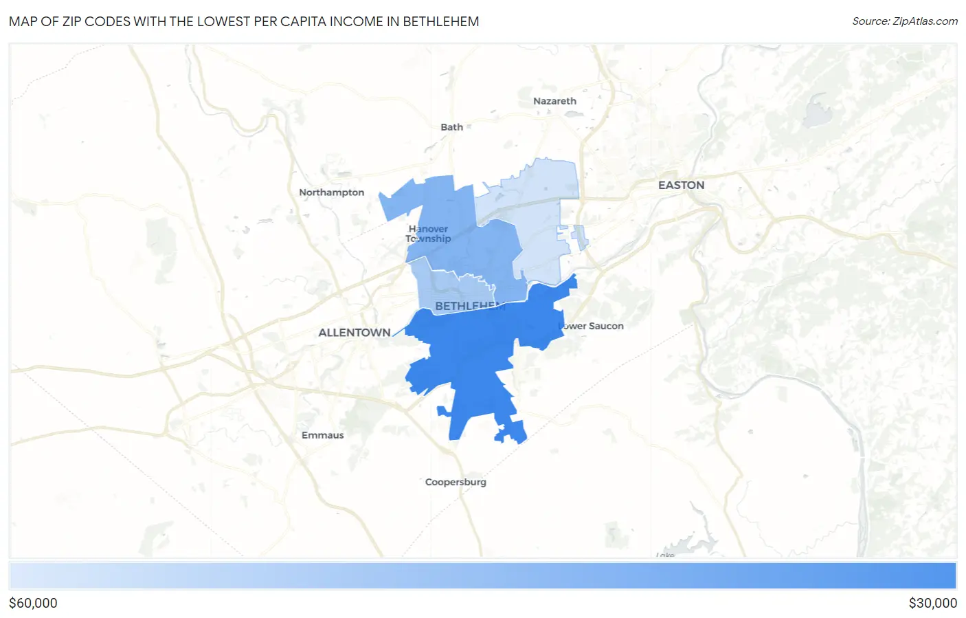 Zip Codes with the Lowest Per Capita Income in Bethlehem Map