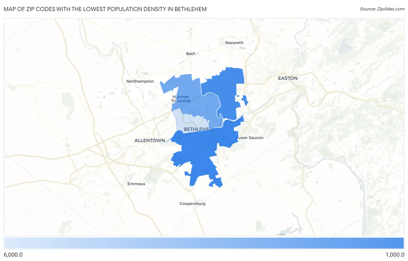 Zip Codes with the Lowest Population Density in Bethlehem Map