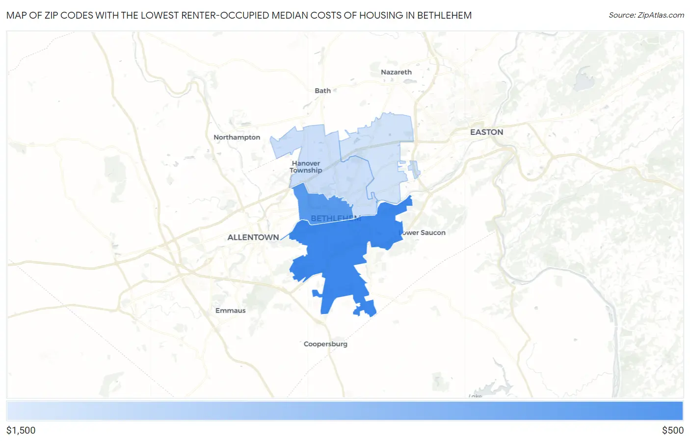 Zip Codes with the Lowest Renter-Occupied Median Costs of Housing in Bethlehem Map