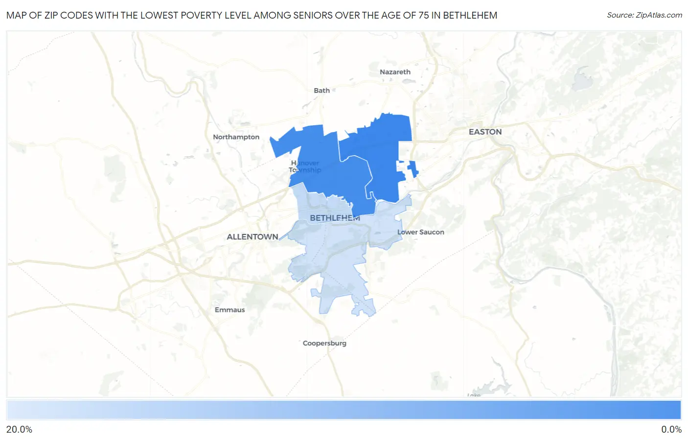 Zip Codes with the Lowest Poverty Level Among Seniors Over the Age of 75 in Bethlehem Map
