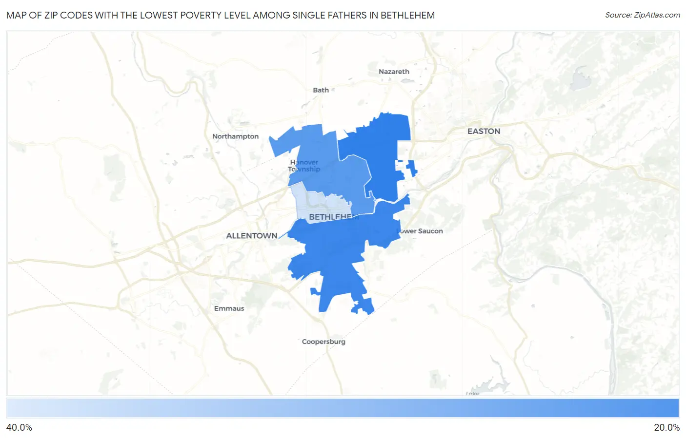 Zip Codes with the Lowest Poverty Level Among Single Fathers in Bethlehem Map