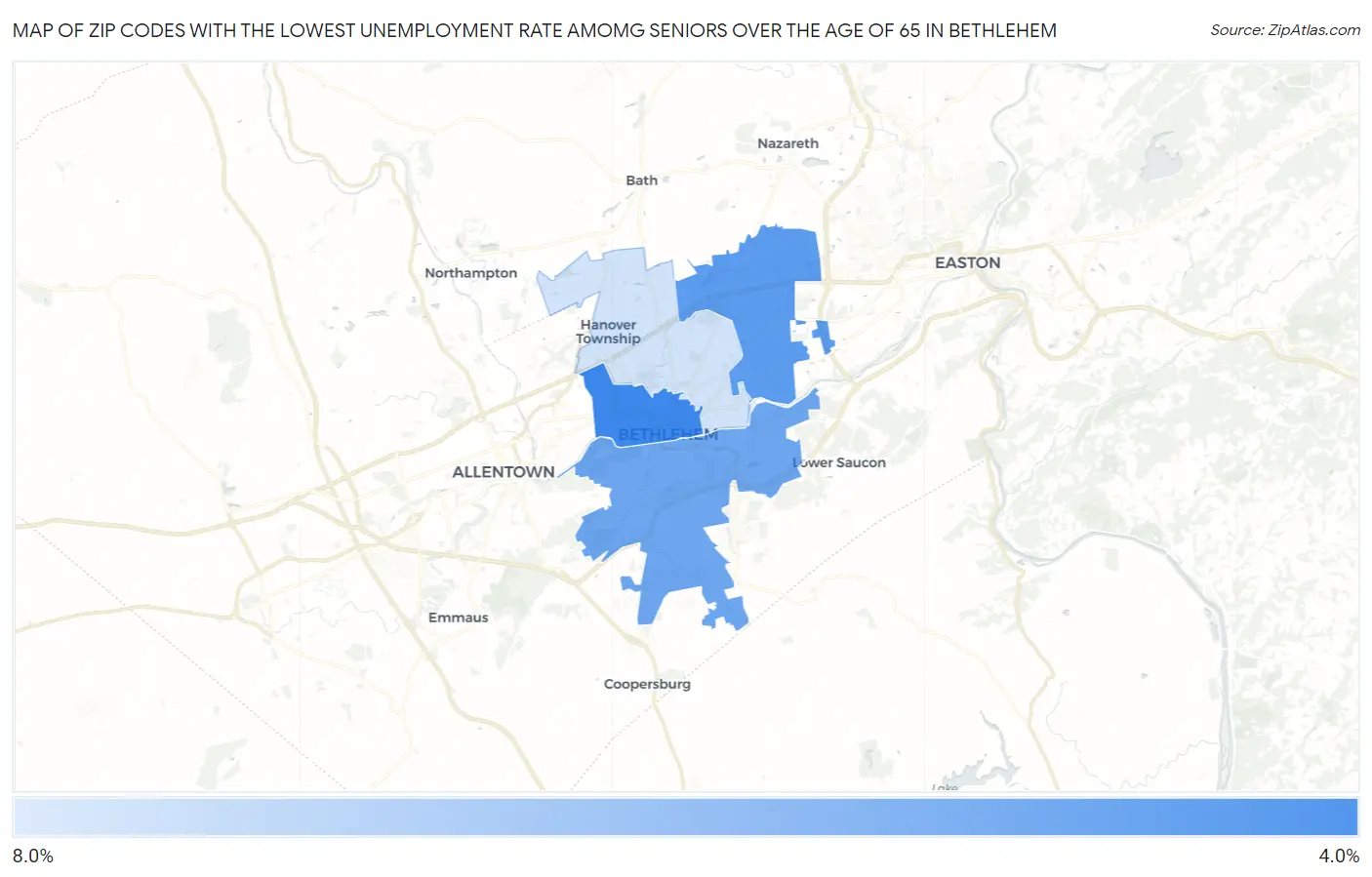Zip Codes with the Lowest Unemployment Rate Amomg Seniors Over the Age of 65 in Bethlehem Map