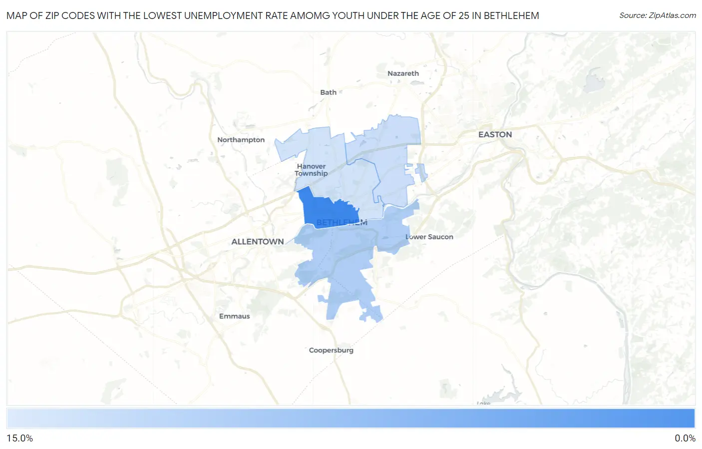 Zip Codes with the Lowest Unemployment Rate Amomg Youth Under the Age of 25 in Bethlehem Map