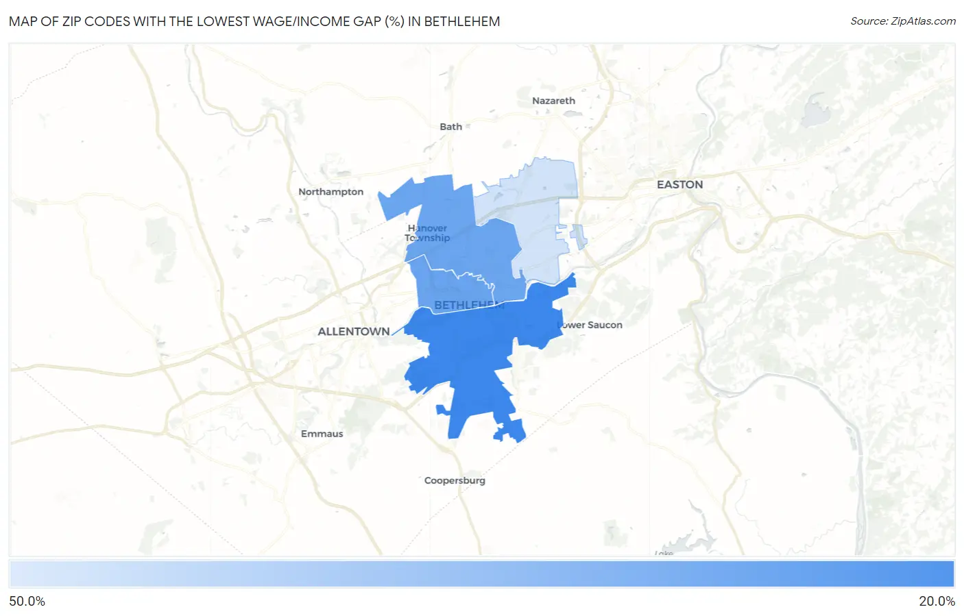 Zip Codes with the Lowest Wage/Income Gap (%) in Bethlehem Map