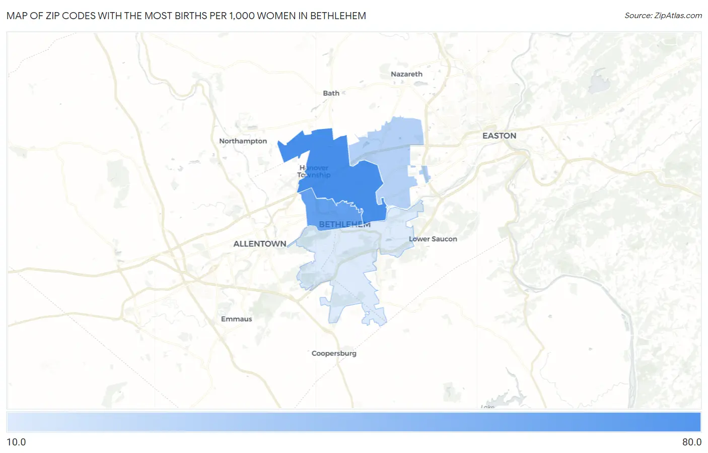 Zip Codes with the Most Births per 1,000 Women in Bethlehem Map