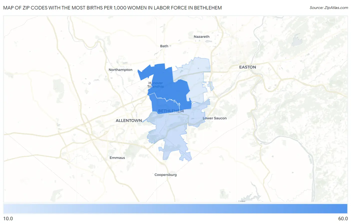 Zip Codes with the Most Births per 1,000 Women in Labor Force in Bethlehem Map