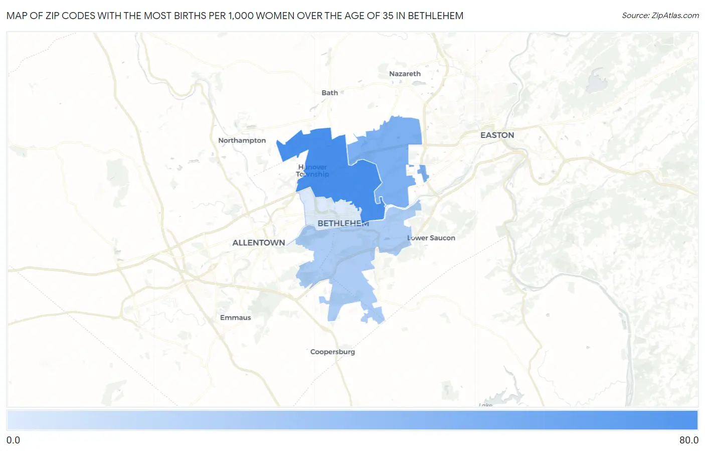 Zip Codes with the Most Births per 1,000 Women Over the Age of 35 in Bethlehem Map