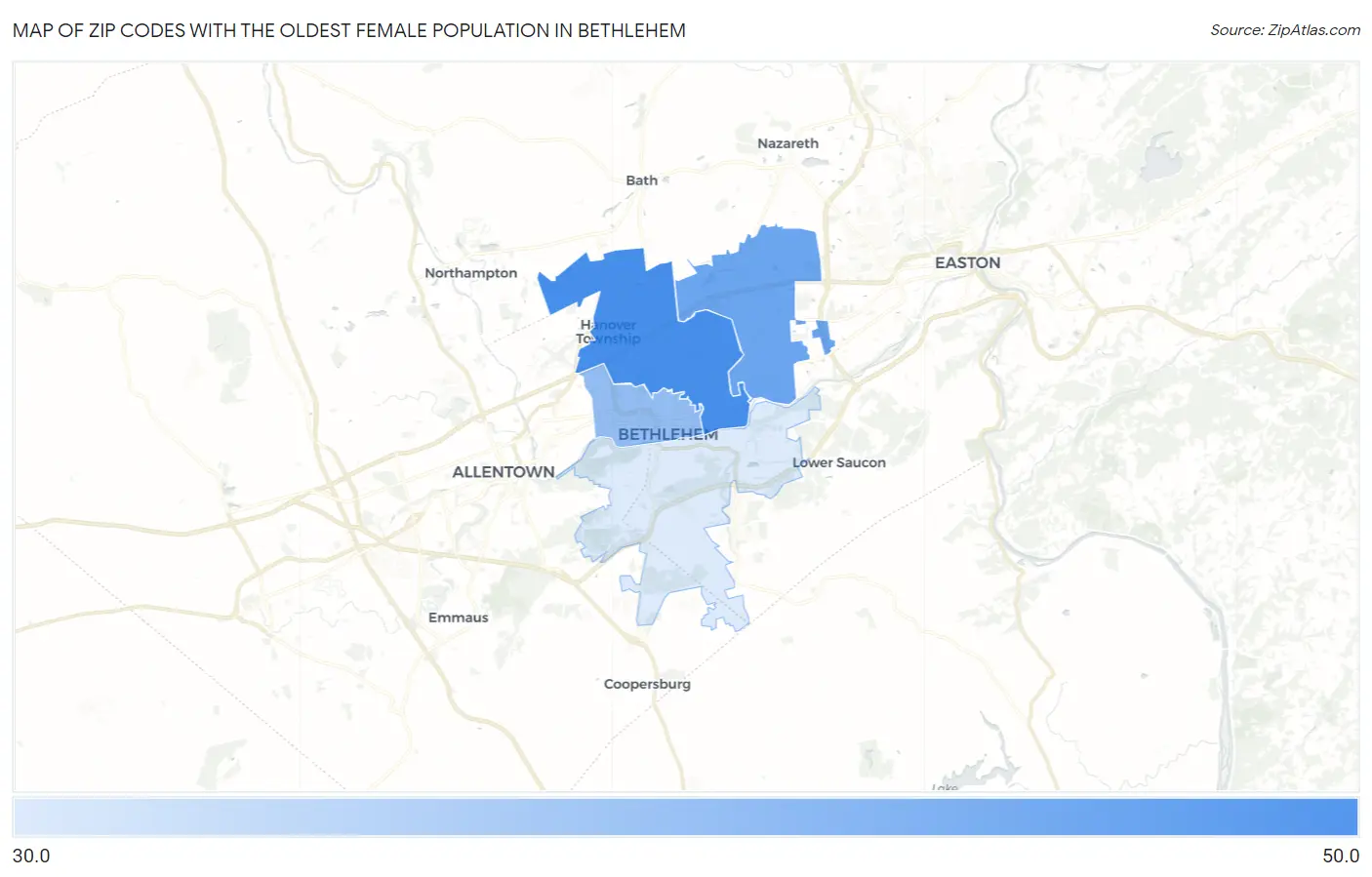 Zip Codes with the Oldest Female Population in Bethlehem Map