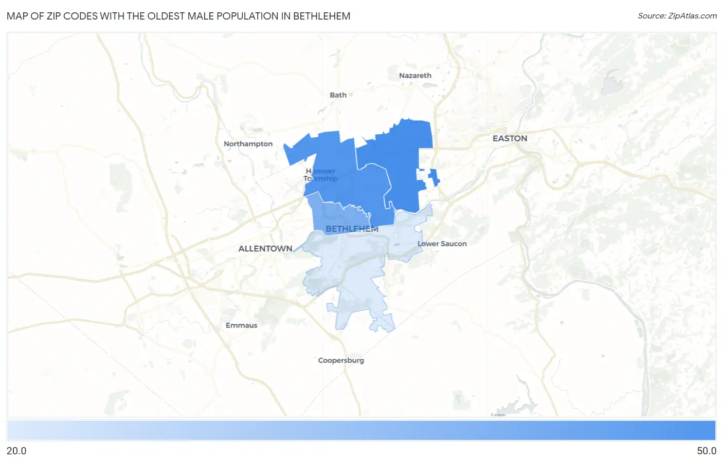 Zip Codes with the Oldest Male Population in Bethlehem Map