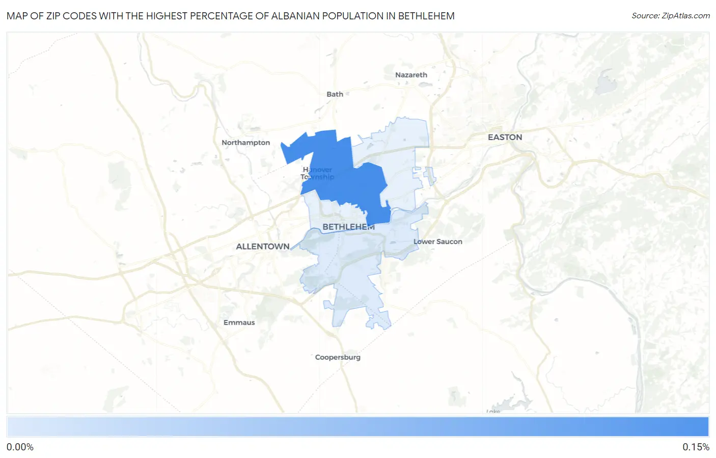 Zip Codes with the Highest Percentage of Albanian Population in Bethlehem Map