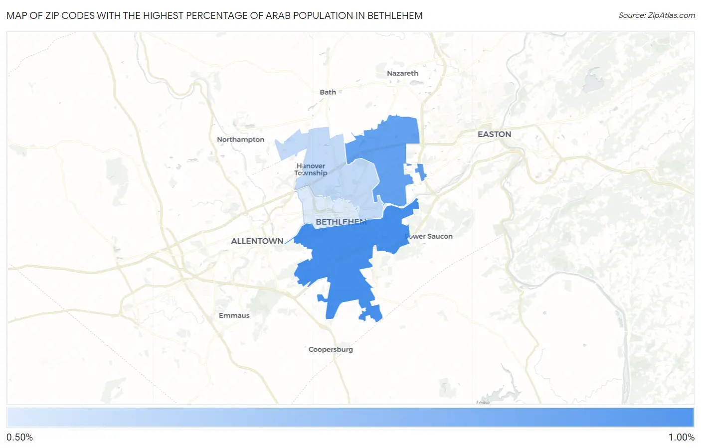 Zip Codes with the Highest Percentage of Arab Population in Bethlehem Map