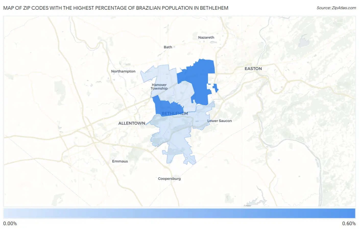 Zip Codes with the Highest Percentage of Brazilian Population in Bethlehem Map