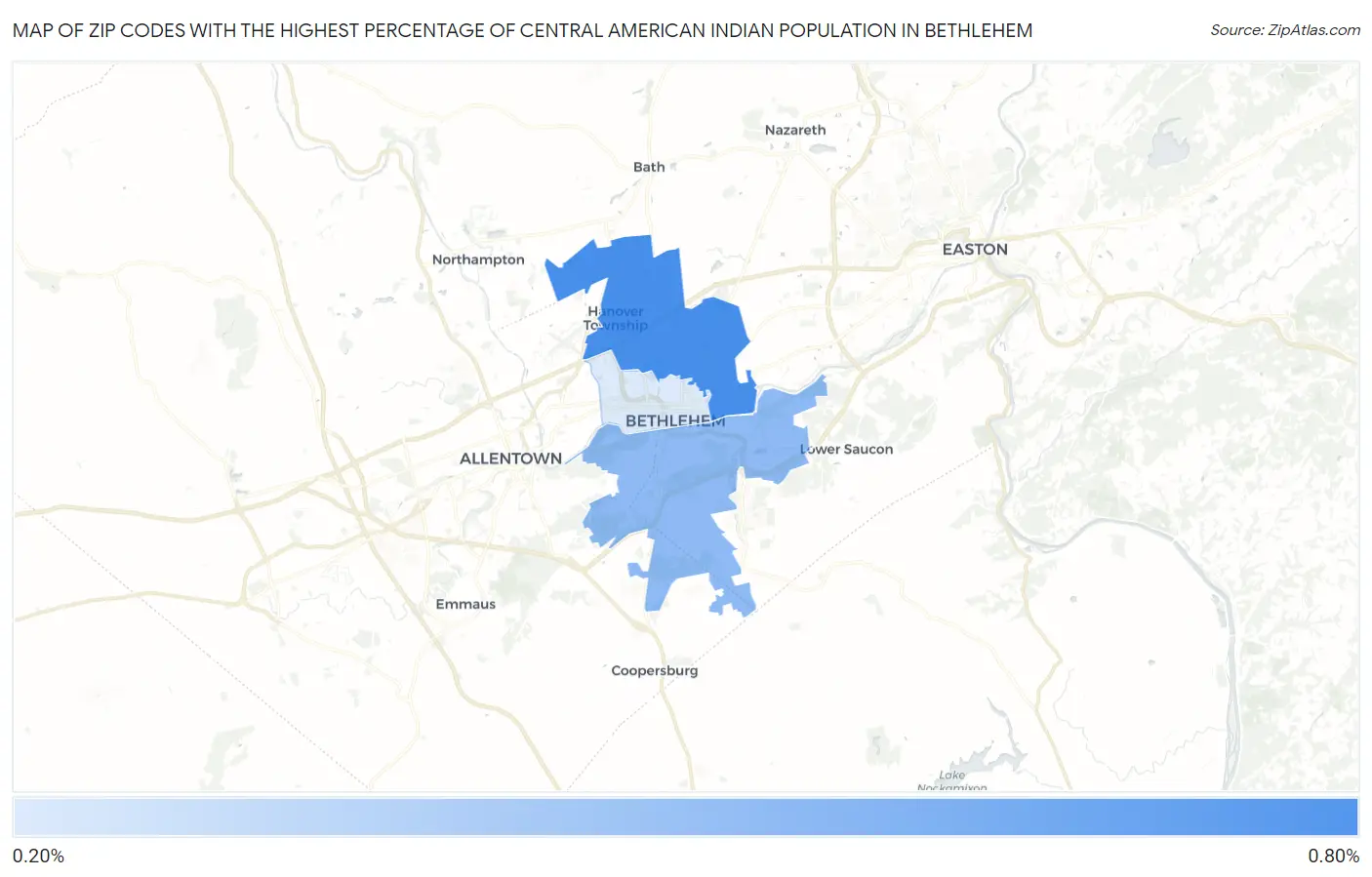 Zip Codes with the Highest Percentage of Central American Indian Population in Bethlehem Map