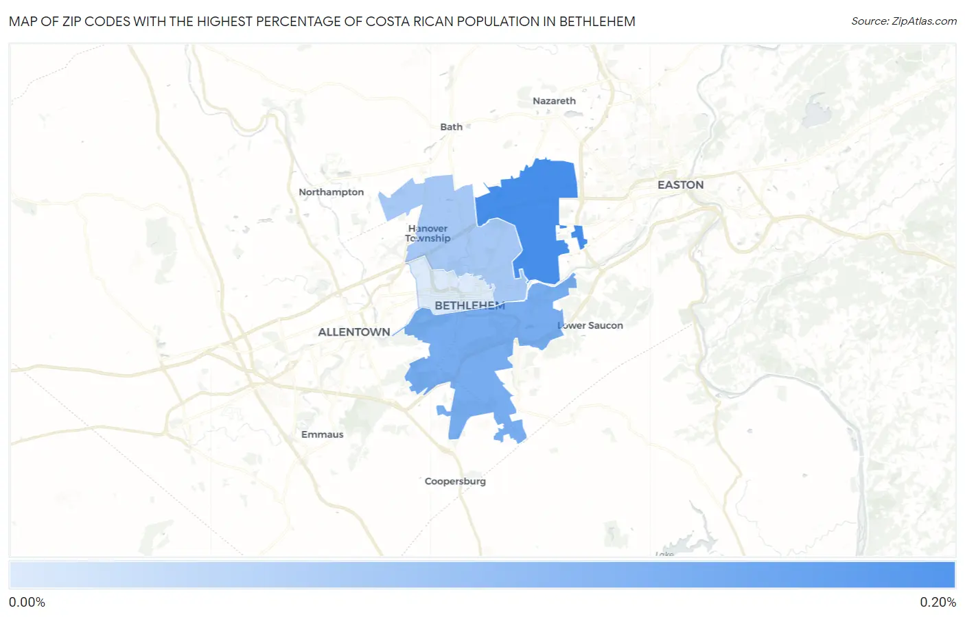 Zip Codes with the Highest Percentage of Costa Rican Population in Bethlehem Map