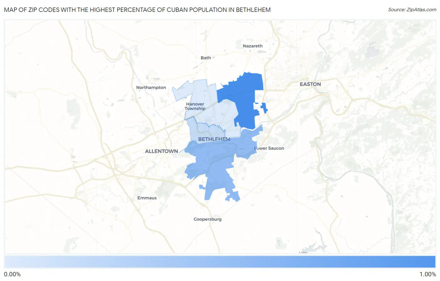 Zip Codes with the Highest Percentage of Cuban Population in Bethlehem Map