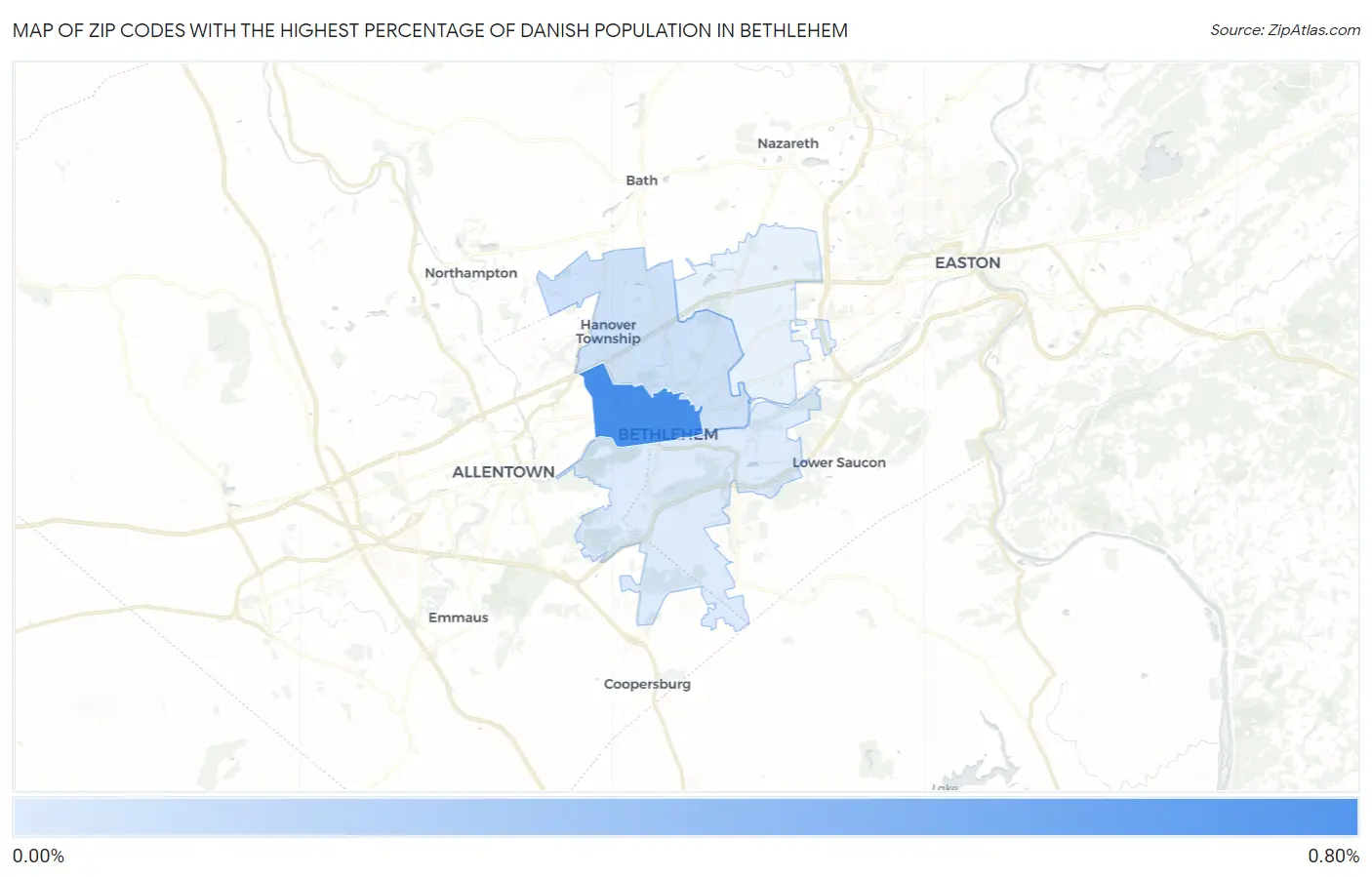 Zip Codes with the Highest Percentage of Danish Population in Bethlehem Map