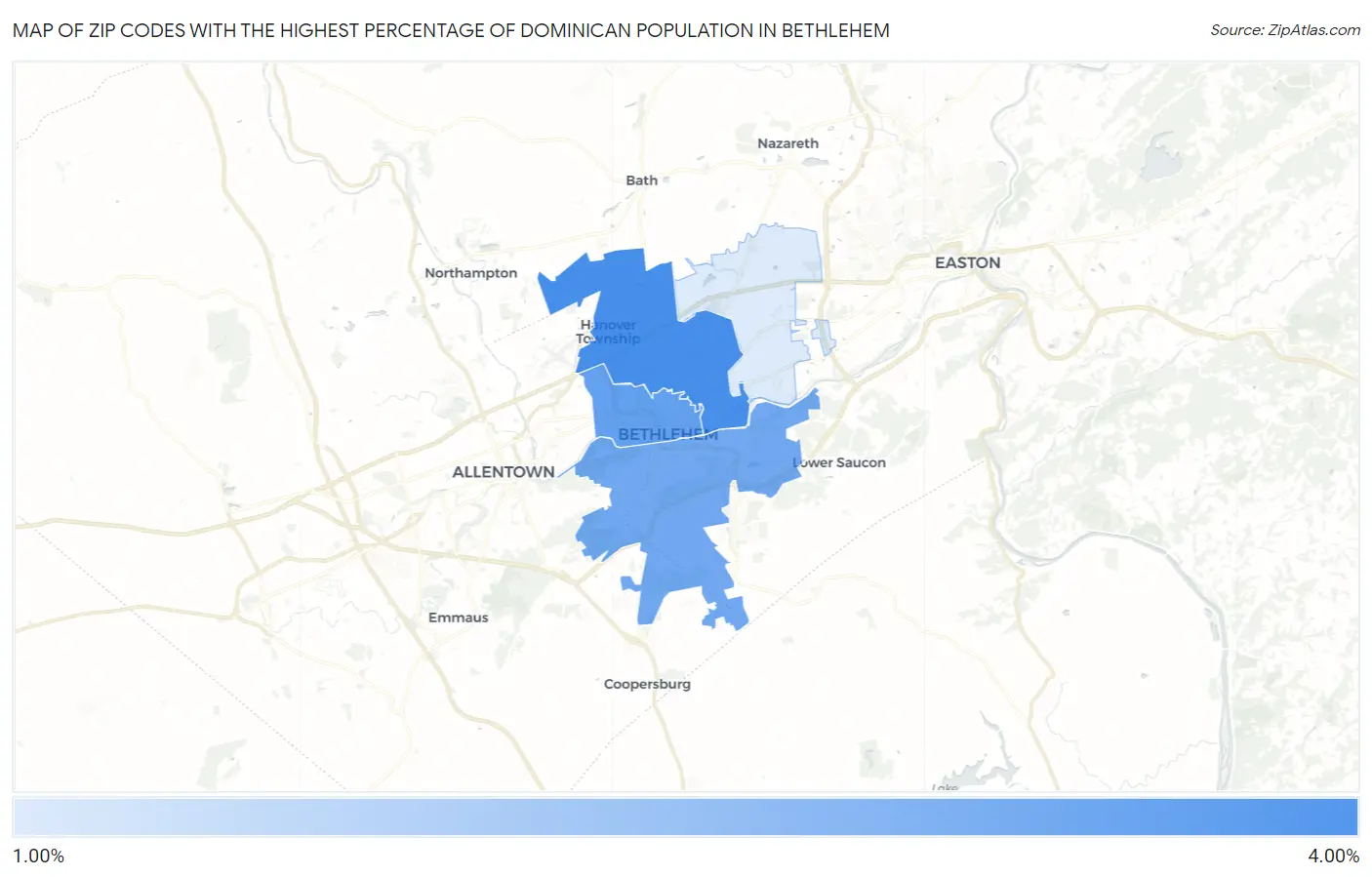 Zip Codes with the Highest Percentage of Dominican Population in Bethlehem Map