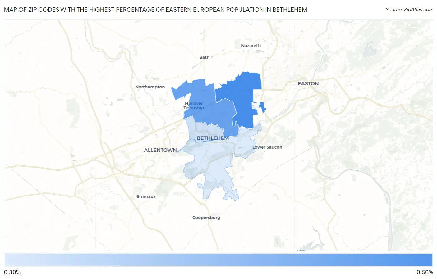 Zip Codes with the Highest Percentage of Eastern European Population in Bethlehem Map