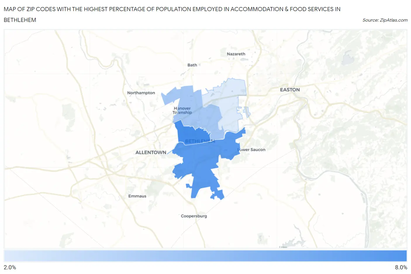 Zip Codes with the Highest Percentage of Population Employed in Accommodation & Food Services in Bethlehem Map