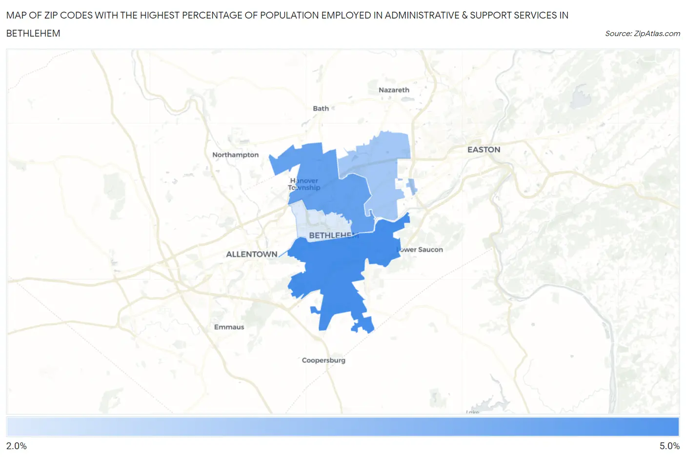 Zip Codes with the Highest Percentage of Population Employed in Administrative & Support Services in Bethlehem Map