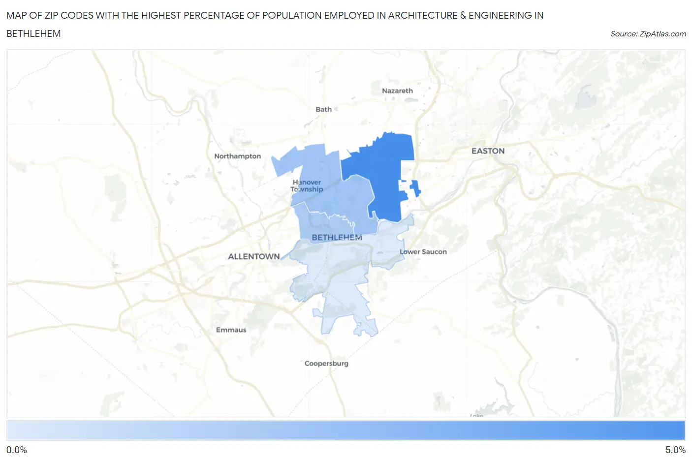 Zip Codes with the Highest Percentage of Population Employed in Architecture & Engineering in Bethlehem Map