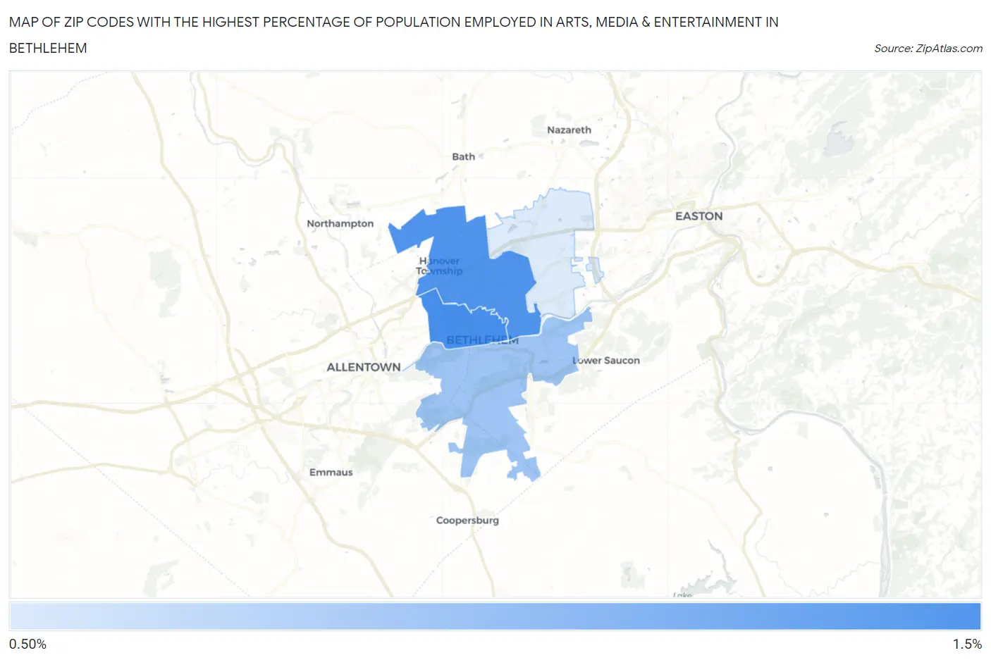 Zip Codes with the Highest Percentage of Population Employed in Arts, Media & Entertainment in Bethlehem Map