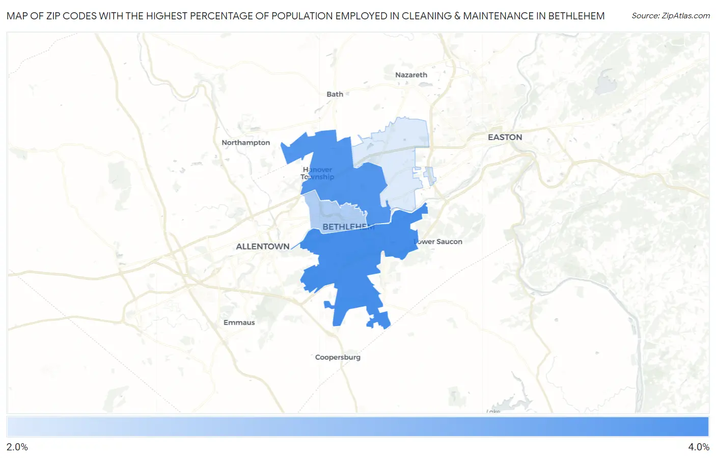 Zip Codes with the Highest Percentage of Population Employed in Cleaning & Maintenance in Bethlehem Map