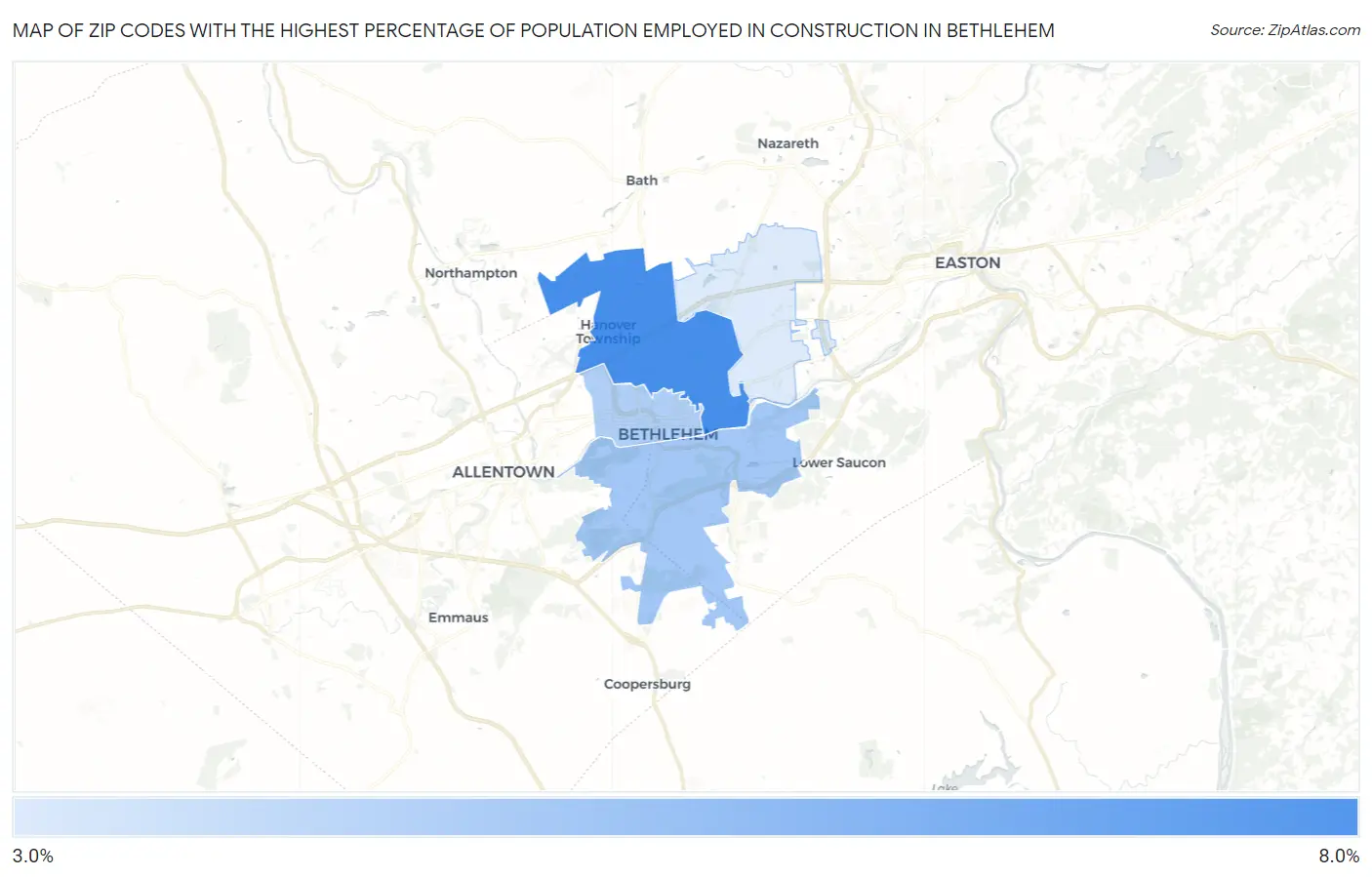 Zip Codes with the Highest Percentage of Population Employed in Construction in Bethlehem Map