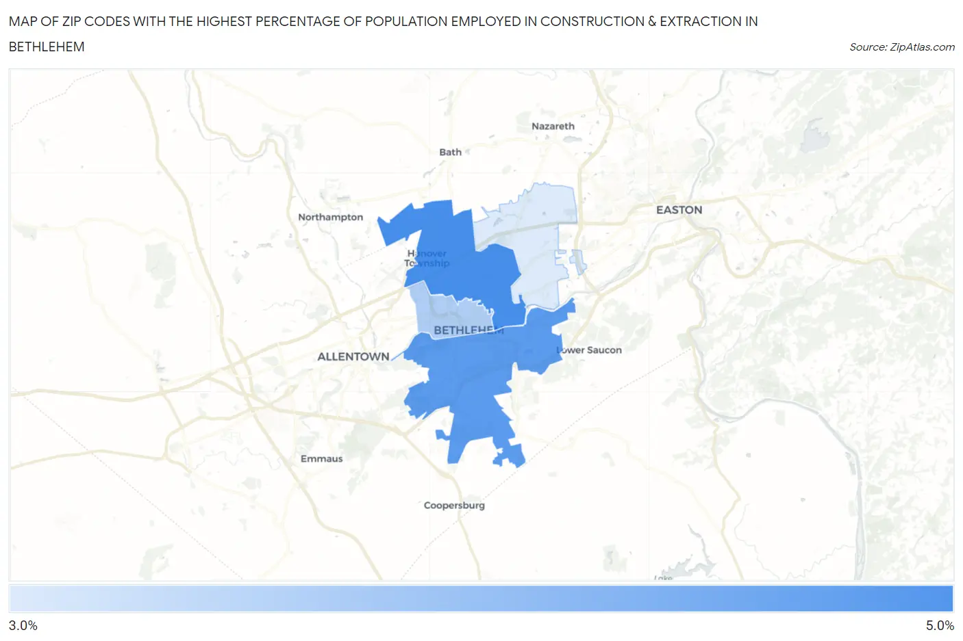 Zip Codes with the Highest Percentage of Population Employed in Construction & Extraction in Bethlehem Map