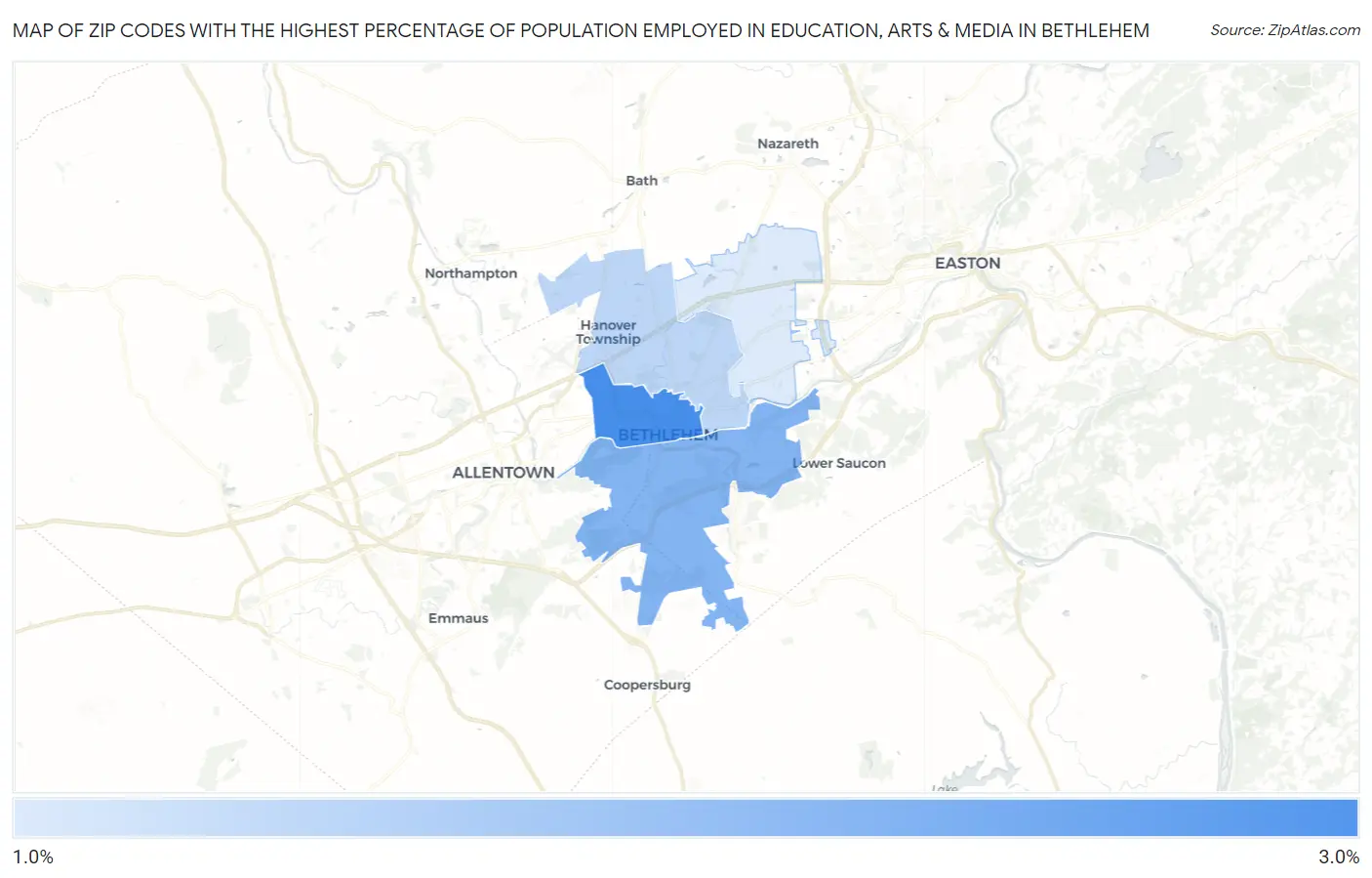 Zip Codes with the Highest Percentage of Population Employed in Education, Arts & Media in Bethlehem Map
