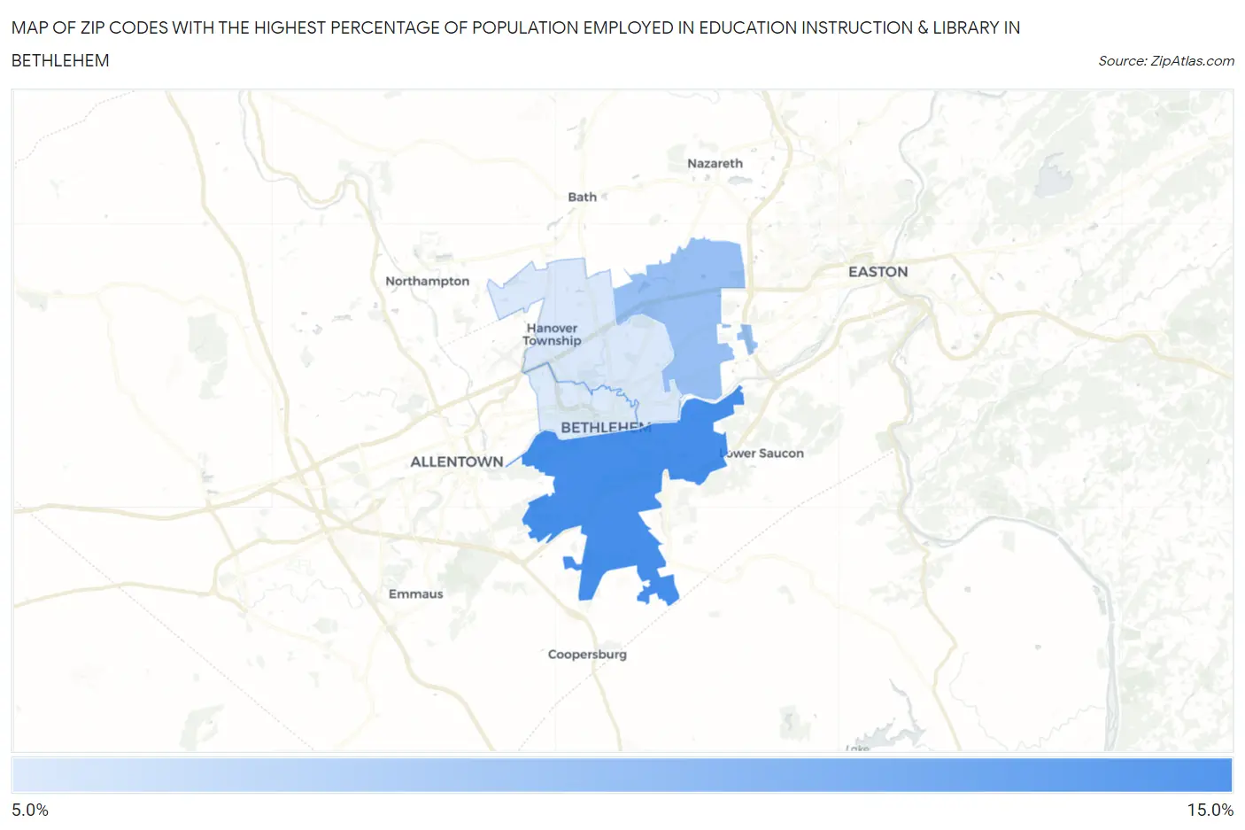 Zip Codes with the Highest Percentage of Population Employed in Education Instruction & Library in Bethlehem Map