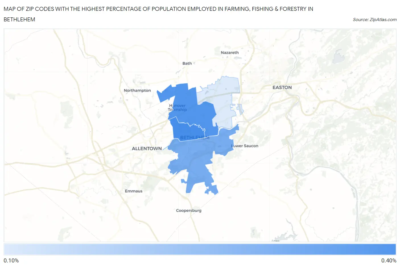 Zip Codes with the Highest Percentage of Population Employed in Farming, Fishing & Forestry in Bethlehem Map