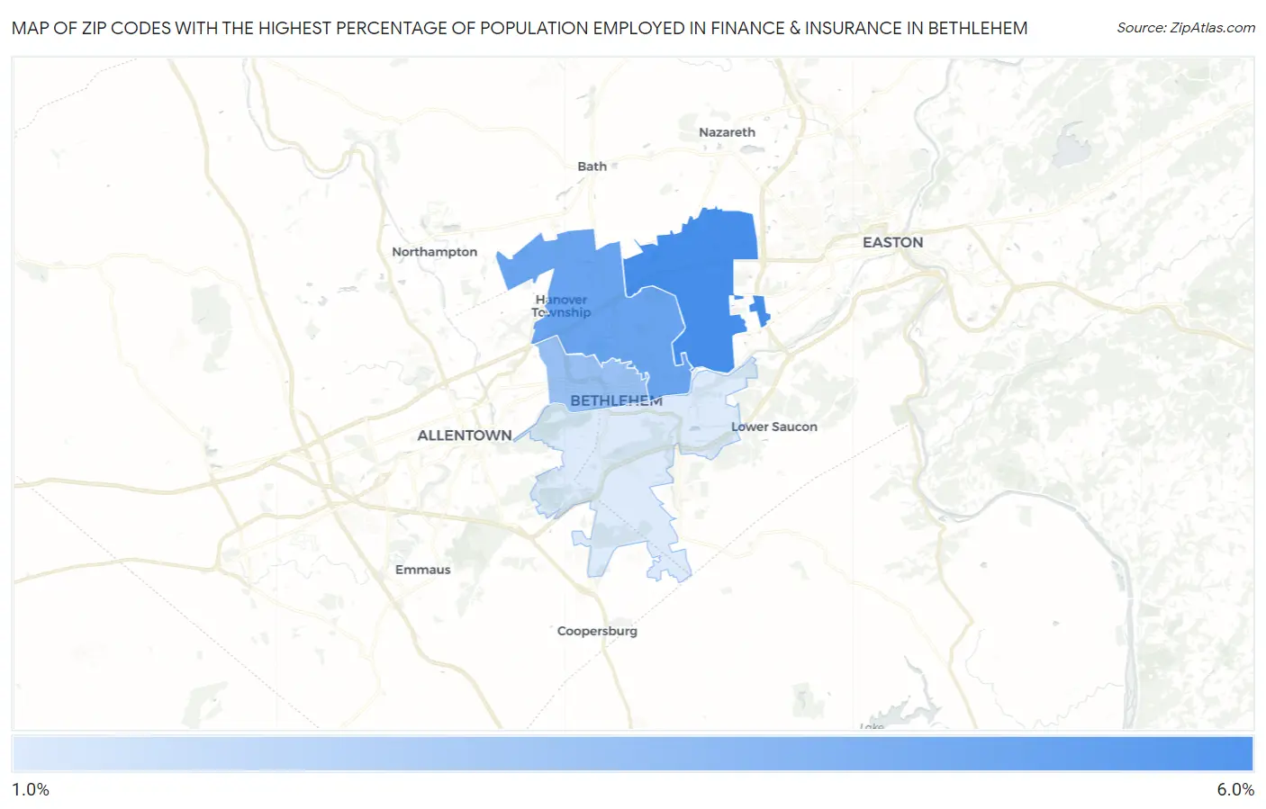 Zip Codes with the Highest Percentage of Population Employed in Finance & Insurance in Bethlehem Map