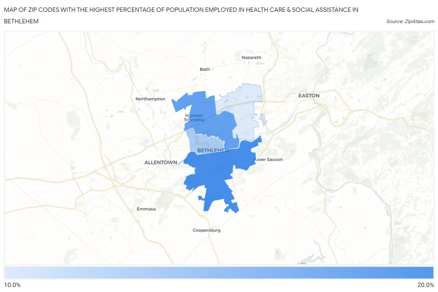 Zip Codes with the Highest Percentage of Population Employed in Health Care & Social Assistance in Bethlehem Map