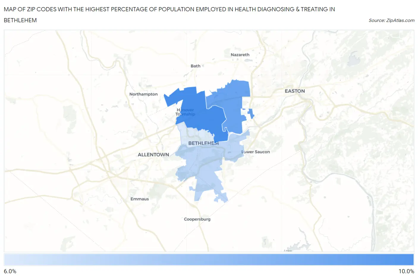 Zip Codes with the Highest Percentage of Population Employed in Health Diagnosing & Treating in Bethlehem Map