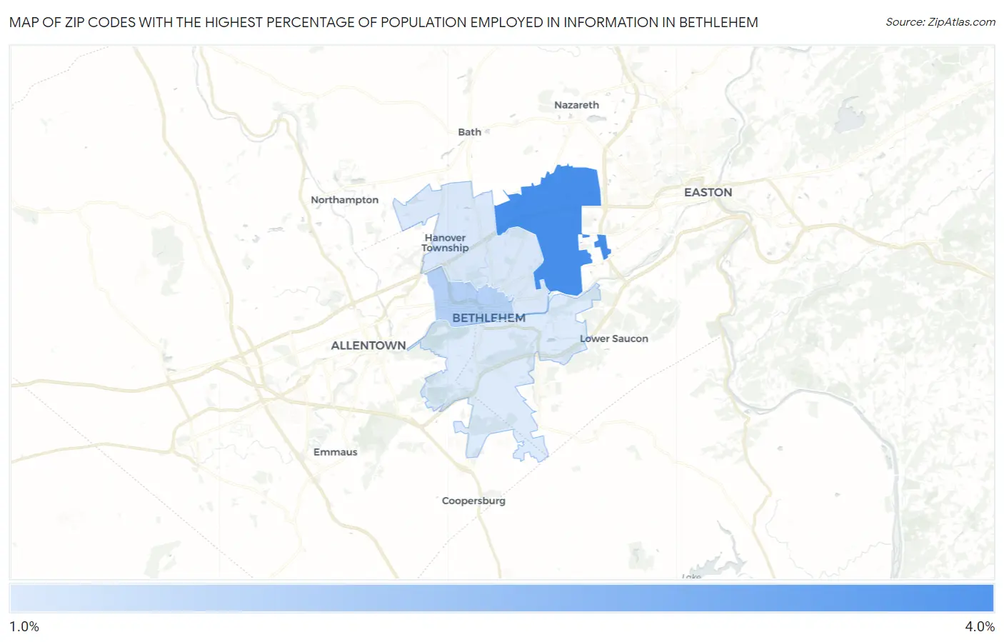 Zip Codes with the Highest Percentage of Population Employed in Information in Bethlehem Map
