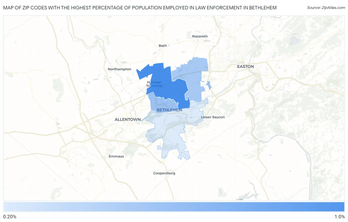 Zip Codes with the Highest Percentage of Population Employed in Law Enforcement in Bethlehem Map