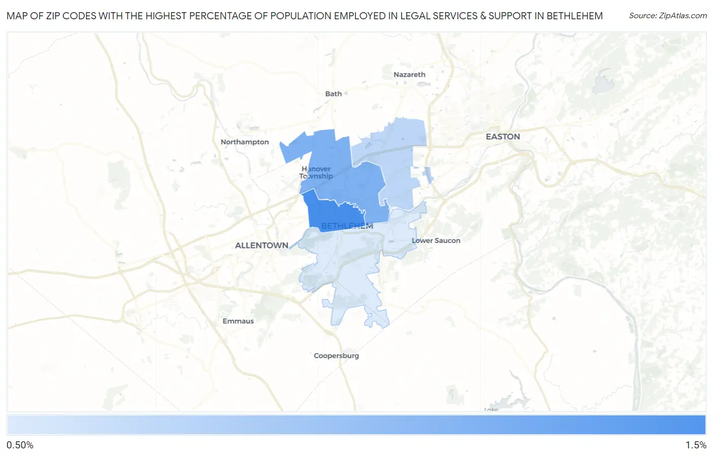 Zip Codes with the Highest Percentage of Population Employed in Legal Services & Support in Bethlehem Map