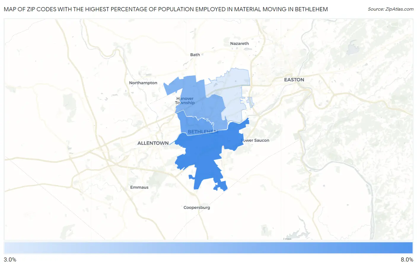 Zip Codes with the Highest Percentage of Population Employed in Material Moving in Bethlehem Map